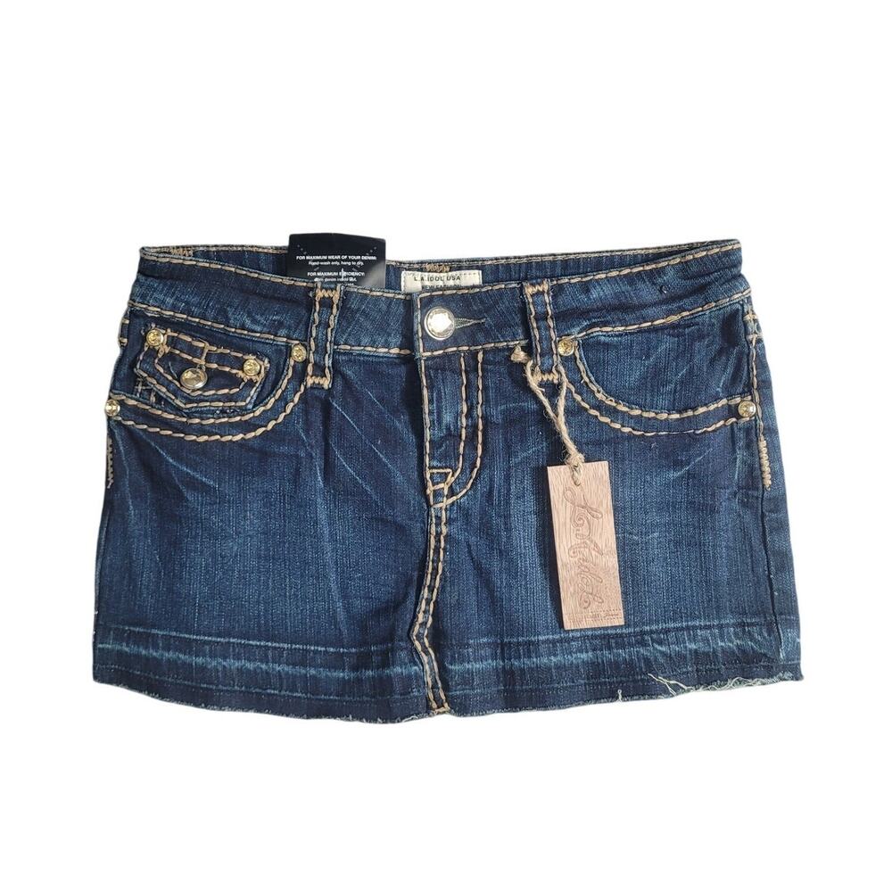 NWT Y2K Denim Low Rise Micro Mini Raw Hem Skirt Sz M Blue Rhinestone Grunge Emo